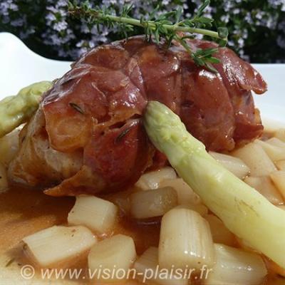 Rables de lapin au jambon de pays et asperges